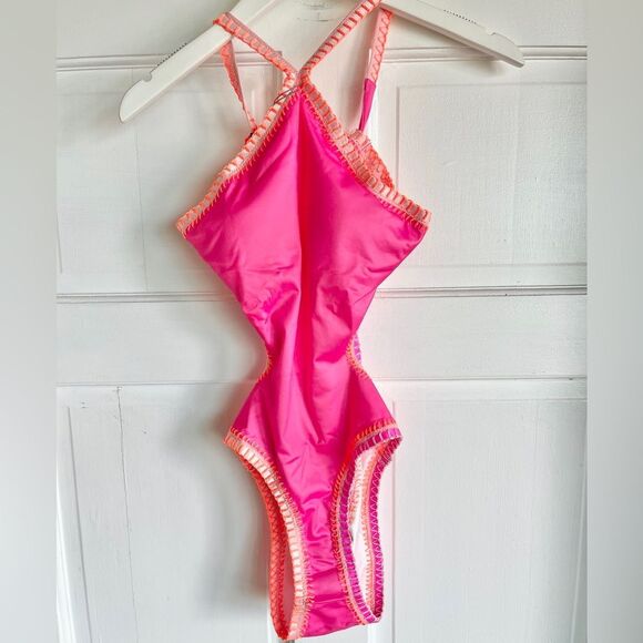 Nwt Anthropologie PilyQ platinum crochet pink cut out one piece swimsuit - Picture 3 of 6